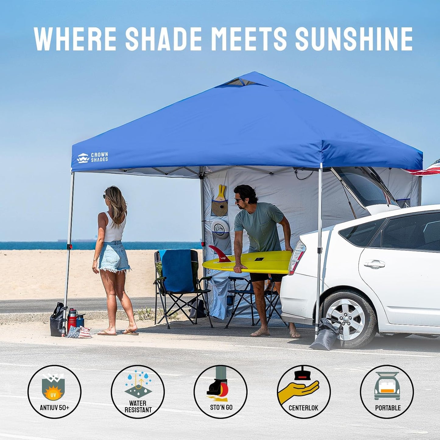 CROWN SHADES Canopy Tent, 10 x 10 Foot Portable Pop Up Outdoor Shelter with Pocket Sidewall, Push Center Lock, UV Protection, and Carry Bag, Blue