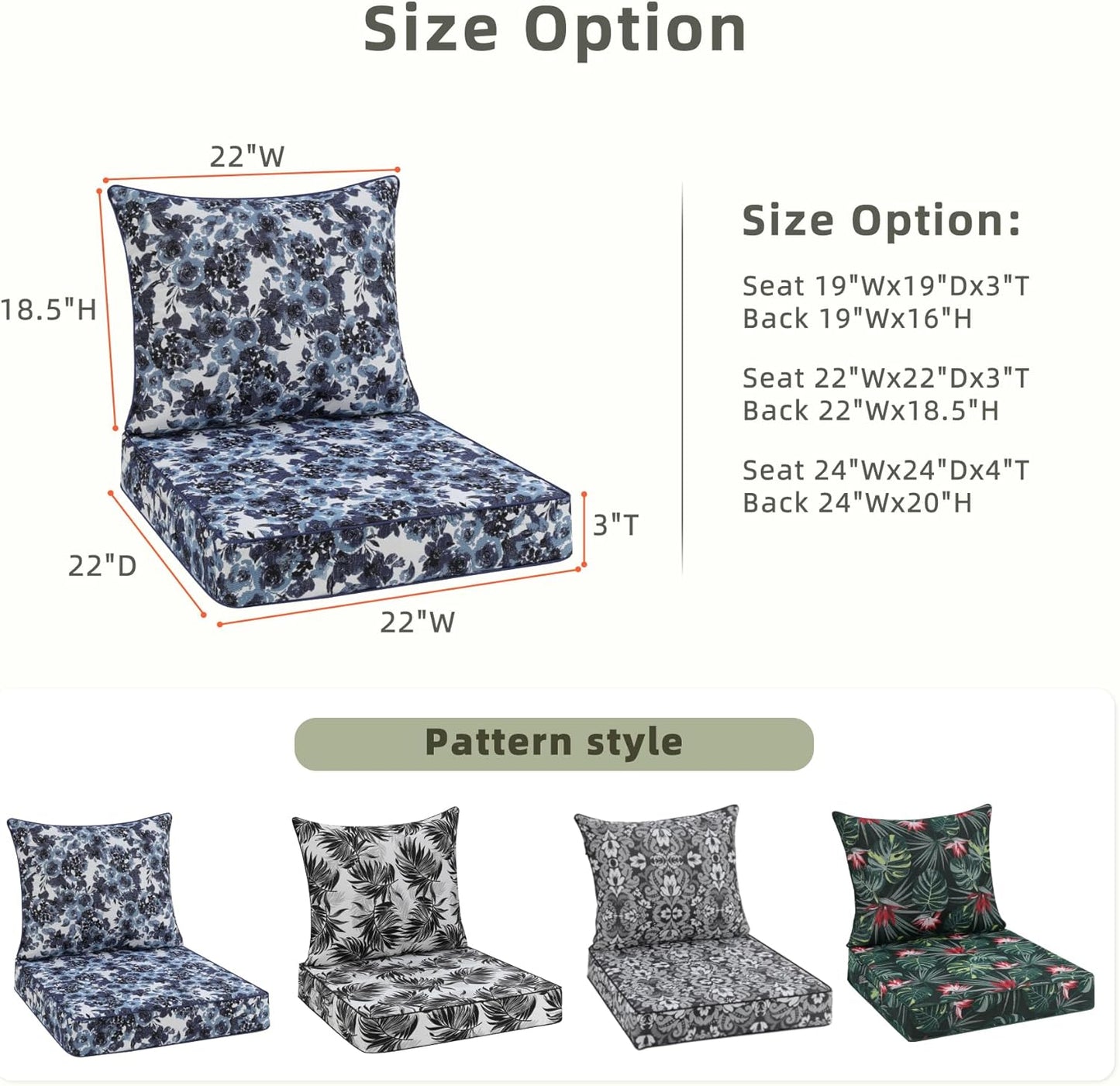 Favoyard Outdoor Seat Cushion 22 x 22 x 3 in Waterproof Pattern Fade Resistant Cover Removable Patio Furniture Cushions Deep Seat & Back Cushion Set with Adjustable Straps for Patio Chair Sofa Couch