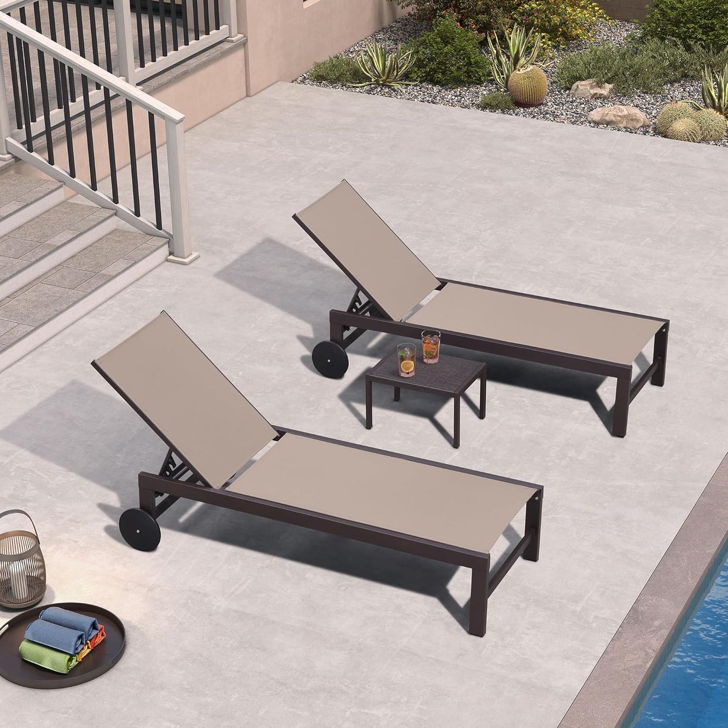 PURPLE LEAF Outdoor Chaise Lounge Chair Set of 3, Pool Lounge Chair for Outside, Aluminum Patio Chaise Lounger with Adjustable Backrest and Wheels for Deck, Outside, Lawn, Garden, Taupe