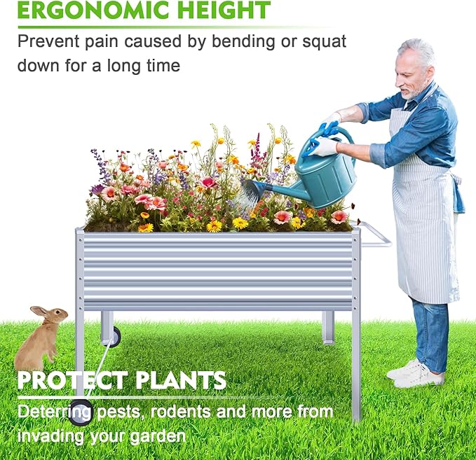 Galvanized Raised Garden Bed with Legs, Metal Raised Planter Box with Drainage Holes Outdoor Elevated Garden Bed on Wheels for Backyard, Patio, Balcony