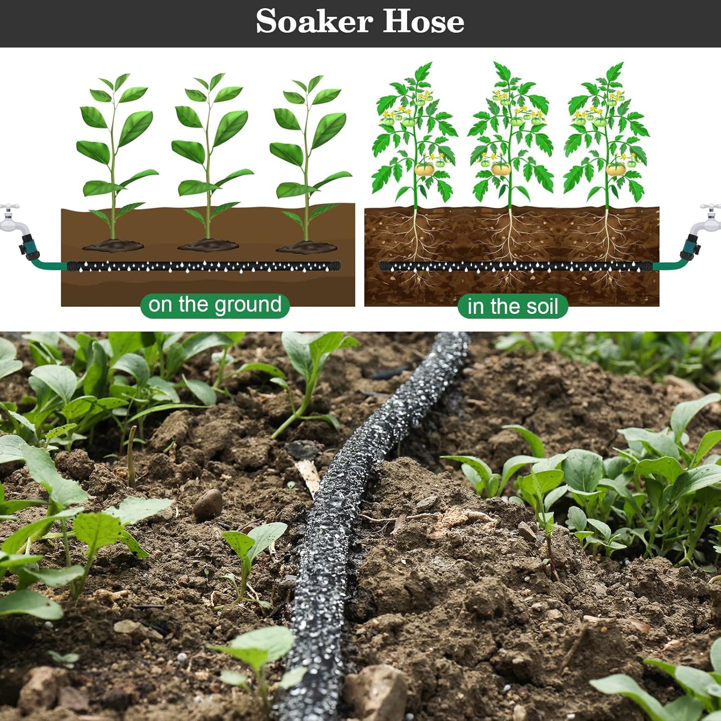 Soaker Hose 15 FT Pro for Garden Beds 1/2 Inch Rubber Longer Lasting Drip Irrigation Save 70% of Water Various Accessories Great for Lawn and Yard