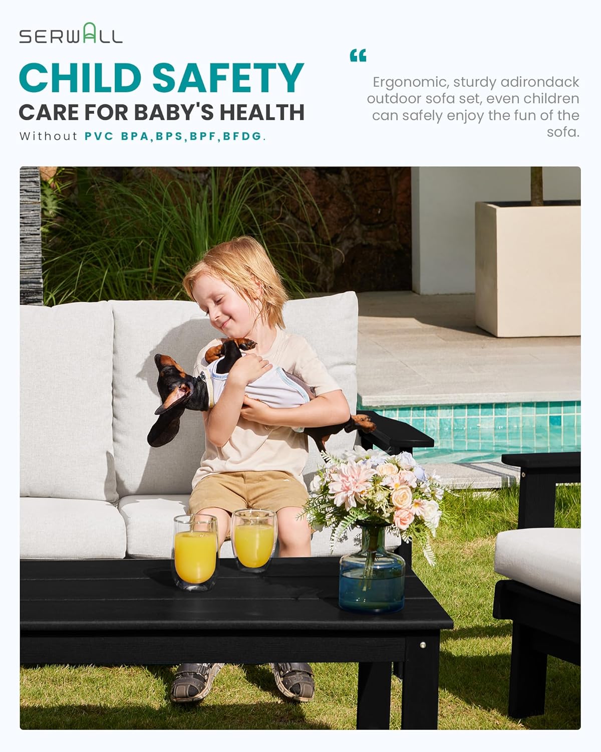 SERWALL HDPE Outdoor Couch, Black Frame and Khaki Cushion