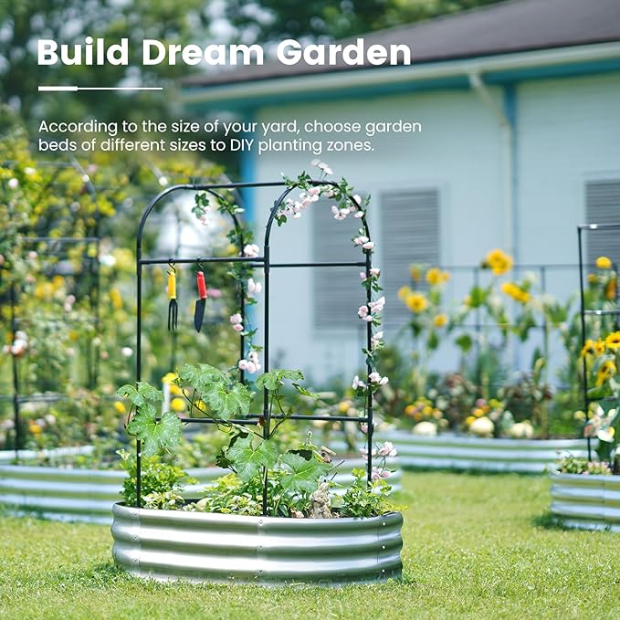 KING BIRD Raised Garden Bed with Arched Trellis Galvanized Planter Garden Box Outdoor for Gardening, Climbing Vegetables, Flowers 3.94x1.97x0.98 Ft, Silver