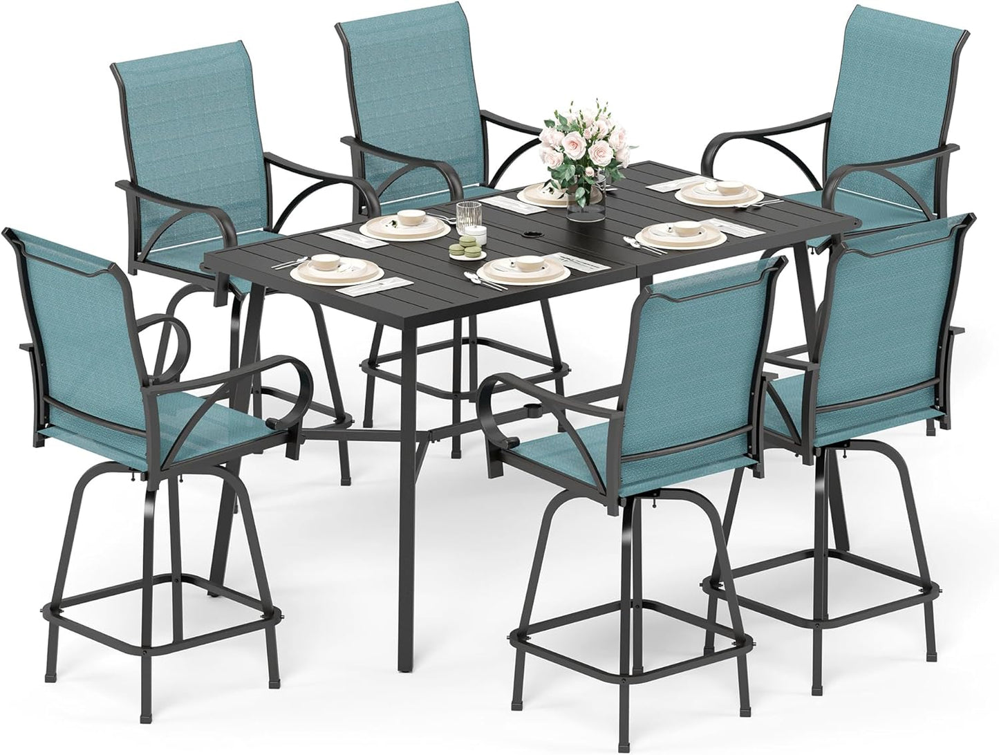 Sophia & William Outdoor Bar Set, Patio Bar Table and Chairs Set, Bar Height Patio Set - 6 x Swivel Bar Chairs(Baby-Blue), 1 x Rectangular Bar Table(Black)