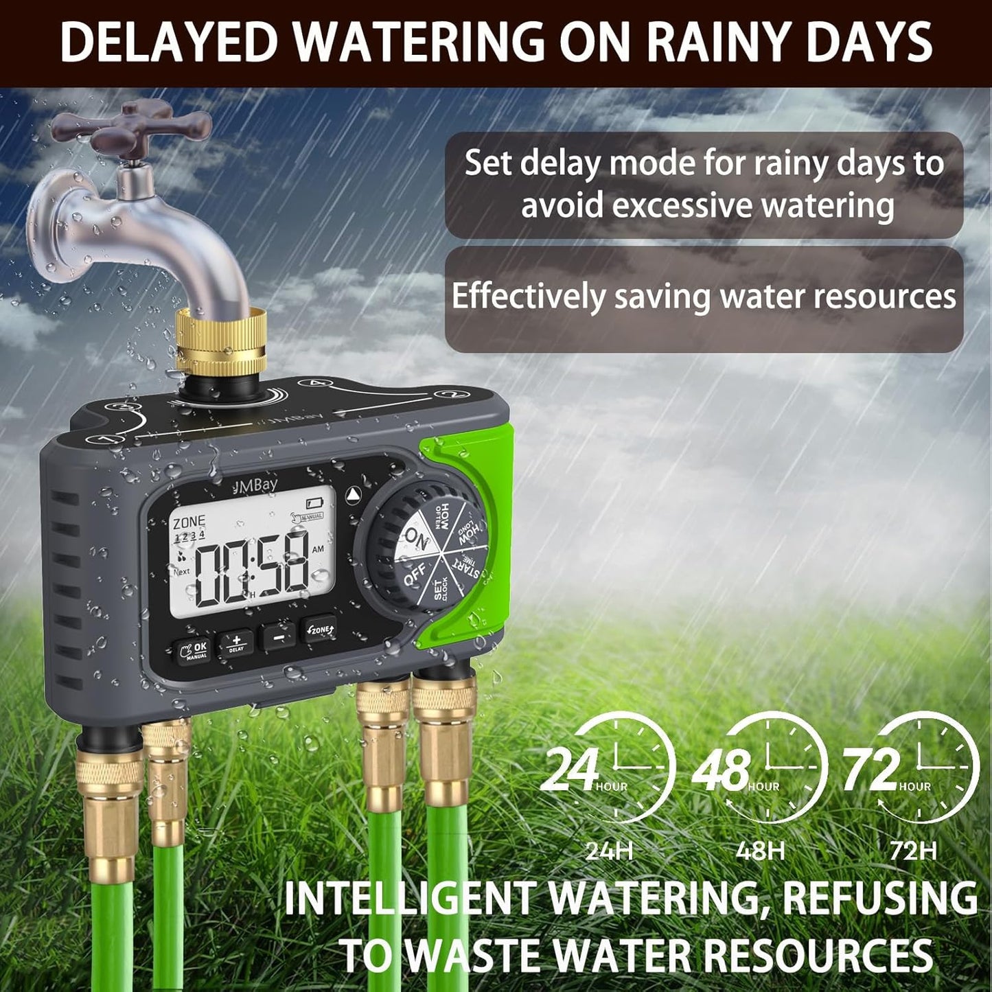4 Zone Water Timer, Digital Water Timers for Garden Hose, Automatic Sprinkler Timer for Garden Hose, with Rain Delay & Manual Watering, Pure Brass Inlet