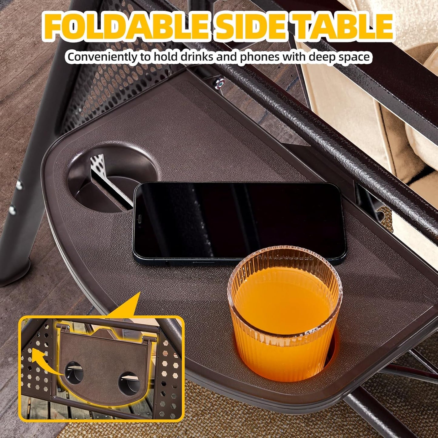 3-seat Patio Swing with Canopy,Convertible Outdoor Swing Bed with Thick Cushions, Pillows & Cup Holders, 3-Seat Outdoor Swings Chair for Backyard, Garden, Deck(Khaki)