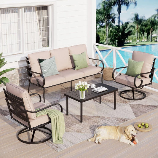 Sophia & William 4 Piece Patio Furniture Set Outdoor Couch Sofa, Patio Conversation Sets 5 Seat Clearance with 3-seat Sofa x 1, Swivel Chair x 2, Metal Coffee Table x 1 for Front Porch Lawn, Beige