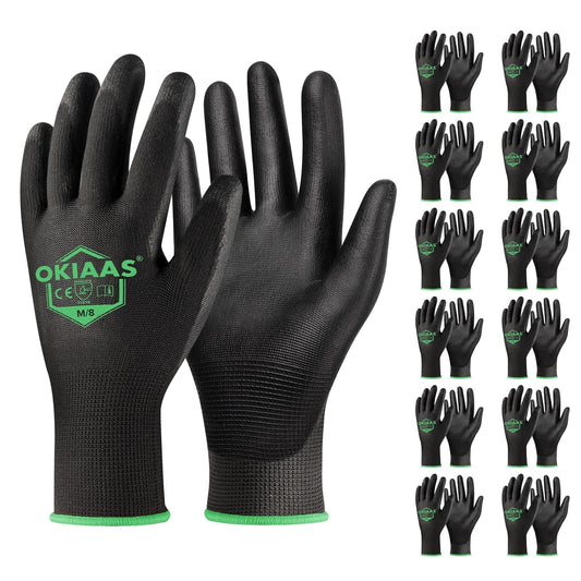 OKIAAS Men's Ultra-Thin and Lightweight Working Gloves with Grip, 12 Pairs, Black, Medium