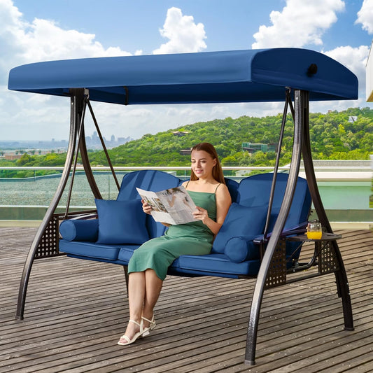 3 in 1 Outdoor Porch Swing with Adjustable Canopy, 3 Seat Outdoor Swing for Adults, Patio Swing Chair with Thickened Cushions,Pillows & Cup Holders for Backyard, Porch, Garden (Blue)