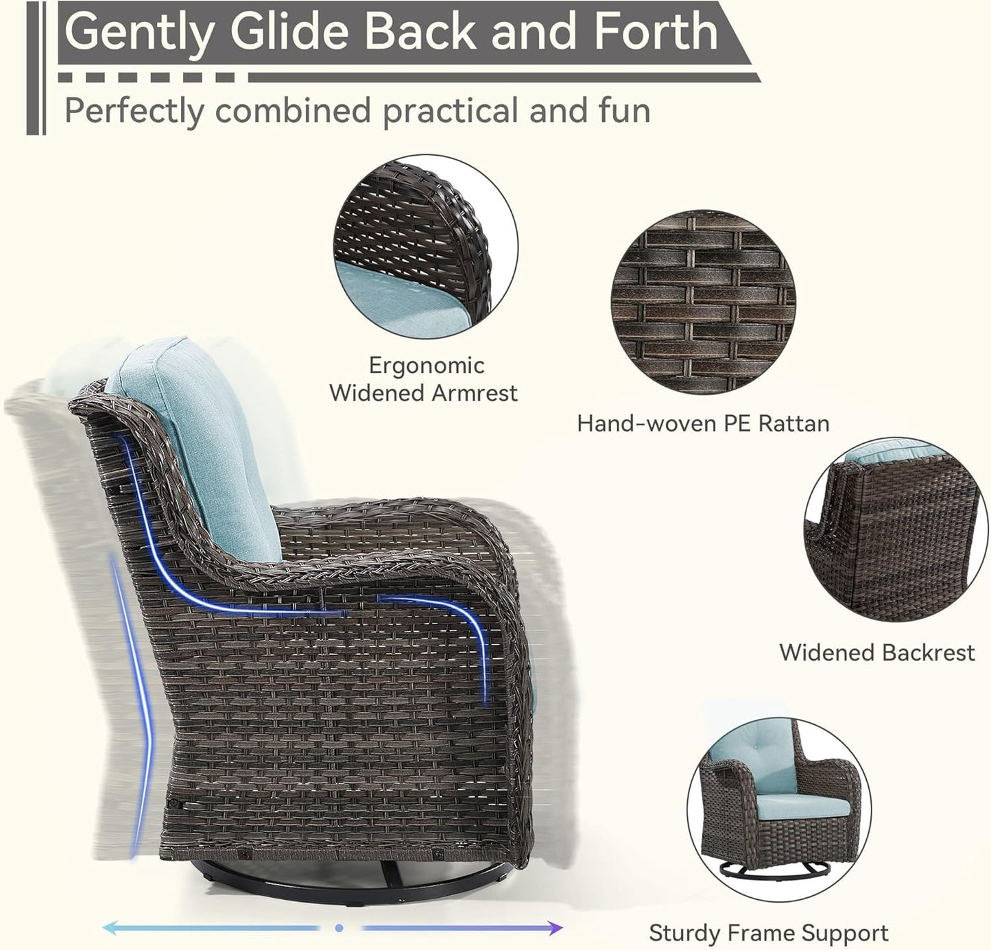 6 Pieces Outdoor Furniture Set - Patio Wicker Swivel Rocker Chair Set of 4 and 2 Side Table, Light Blue, Mixed Brown Rattan, Suitable for Porch, Yard