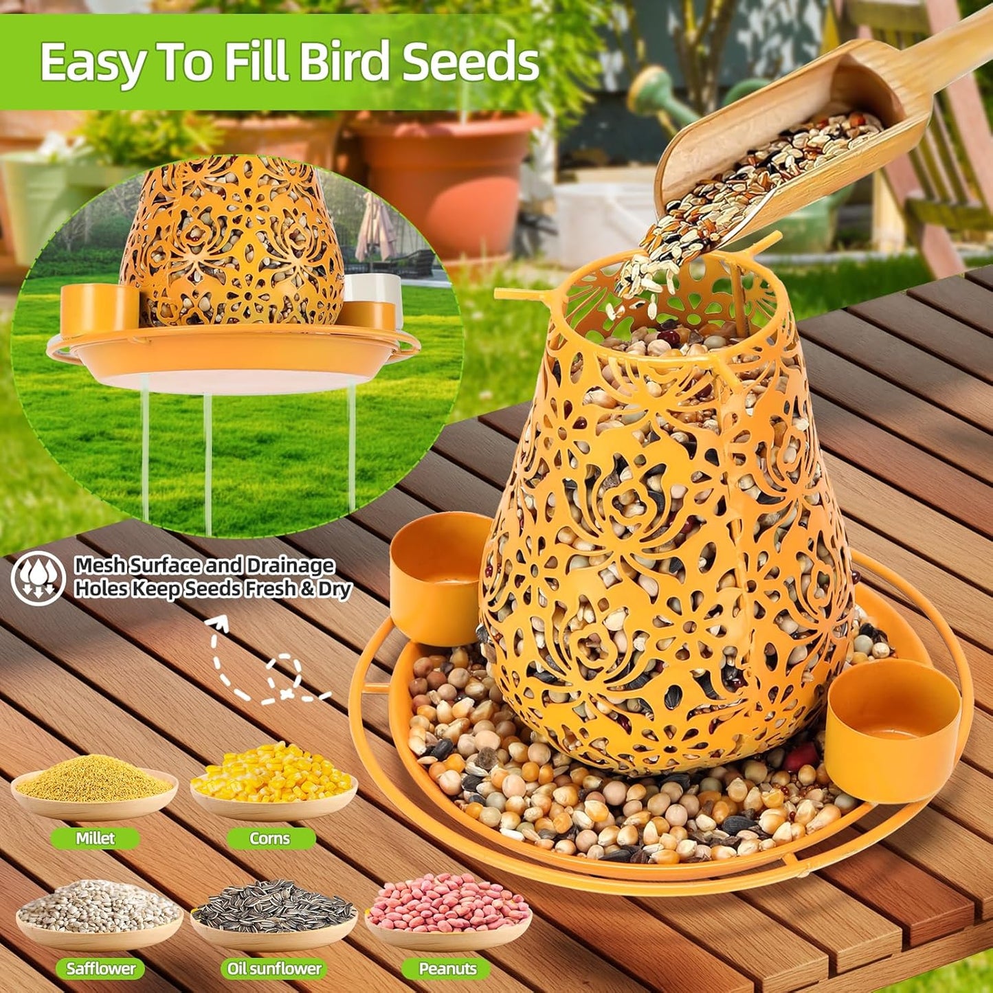 Mushroom Solar Bird Feeders for Outdoors Hanging Metal Wild Bird Feeder Garden Lantern with S Hook for Garden Decoration Orange