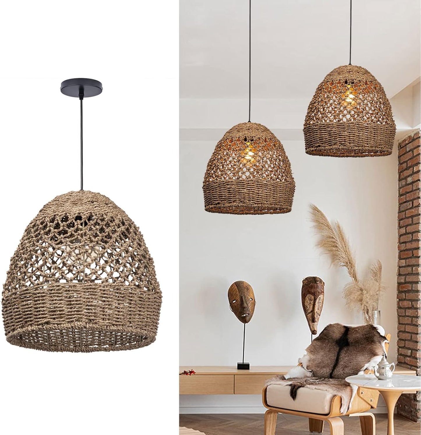 Arturesthome Woven Pendant Light, Modern Boho Hanging Lamp with Handwoven Rattan Shade, Farmhouse Coastal Pendant Light Fixtures for Kitchen Island, Dining Room, Bar, Foyer Hallway D 13.7in