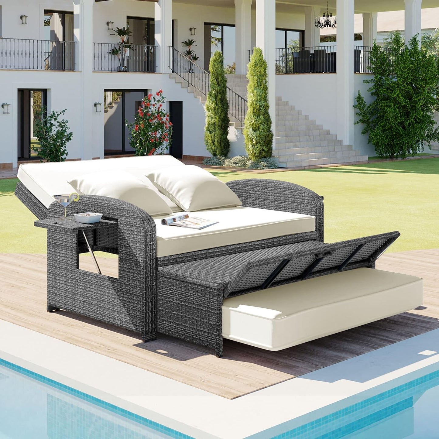 43.7” Patio Rattan Daybed Set, PE Wicker Rattan Double Chaise Lounge, 3-Level Adjustable Back and Cushions, Free Furniture Protection Cover, White
