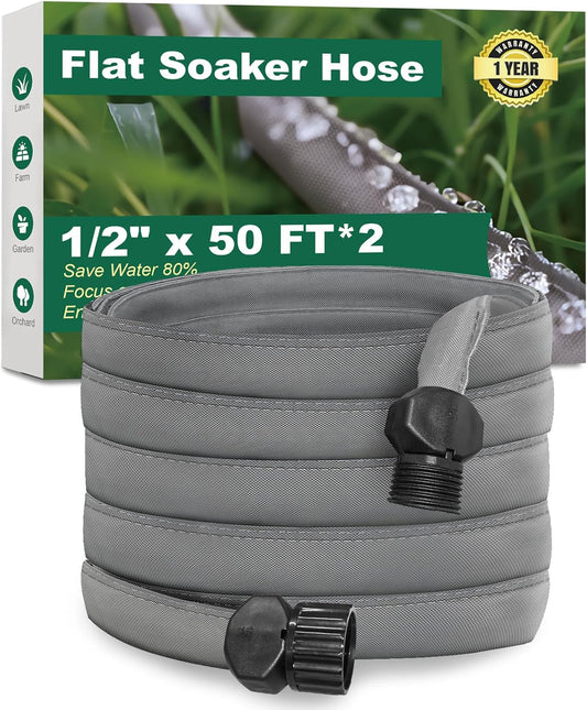 Flat Soaker Hose for Garden Beds 100 ft,Linkable Drip Irrigation Hose Save 80% Water, Leakproof Watering Hose with Holes, Duty Double Layer Flexible Leakproof(50 FT x 2Pack)