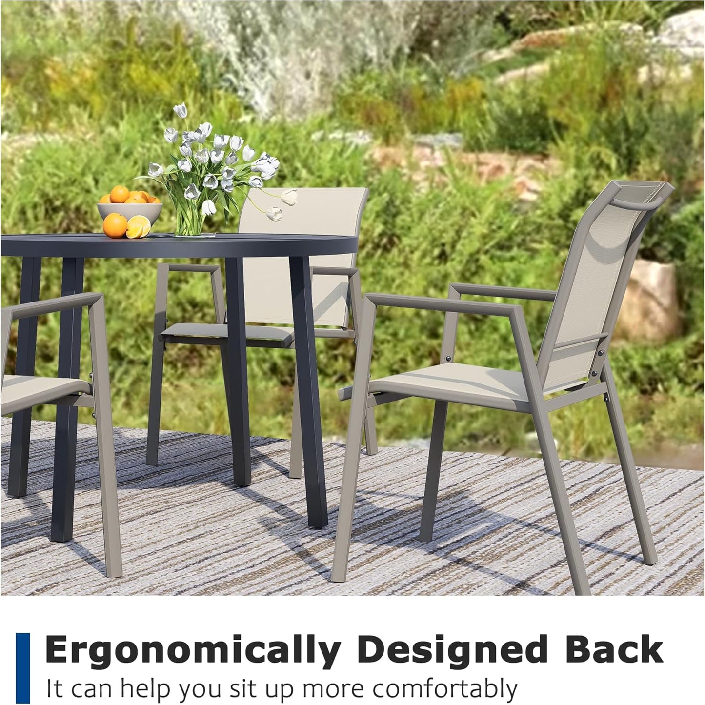 Outdoor Patio Chairs Set of 6, Ivory Beige Stackable Outdoor Chairs, Lightweight Patio Set with High Back, Metal Dining Chair for Lawn, Garden, Yard and Deck