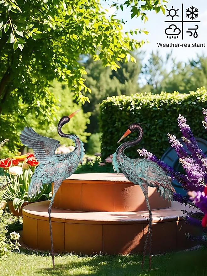 YEAHOME Garden Decor Outdoor Statues, 38"/36" Large Metal Heron Standing Yard Art, Blue Crane Lawn Sculptures Garden Decor for Outside Patio Porch Backyard, Set of 2