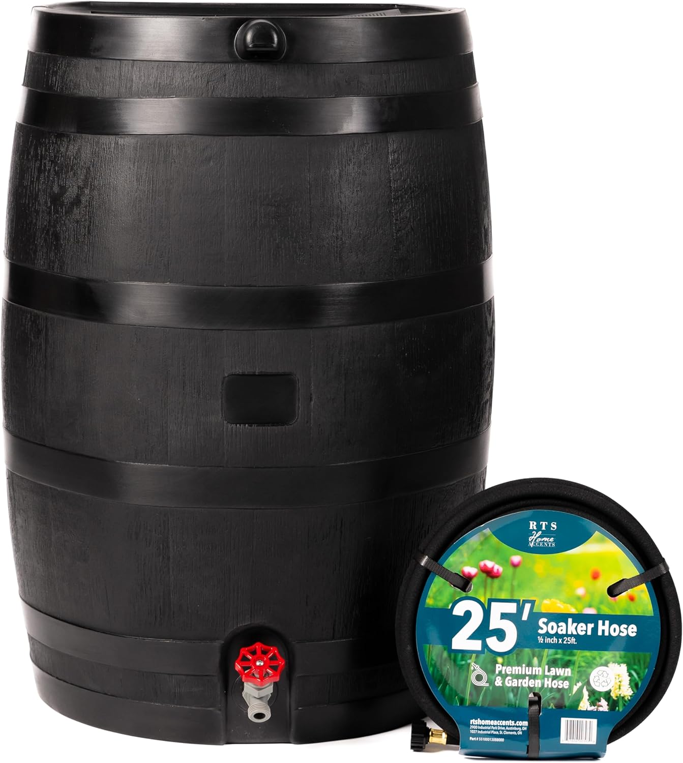 50-Gallon ECO Rain Barrel Made with 100% Recycled Plastic, Flat Back Rain Water Collection Barrel, Soaker Hose Included, Black