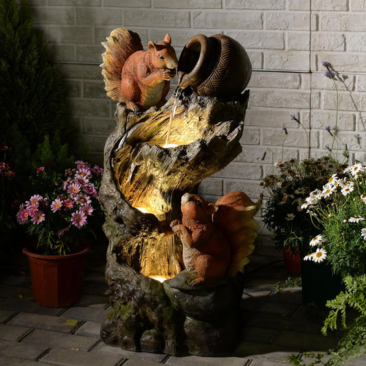 Garden Fountain Outdoor with Built-in Pump & LED Lights - Waterfall Fountain for Patio,Yard, Backyard - Realistic Animal Sculpture