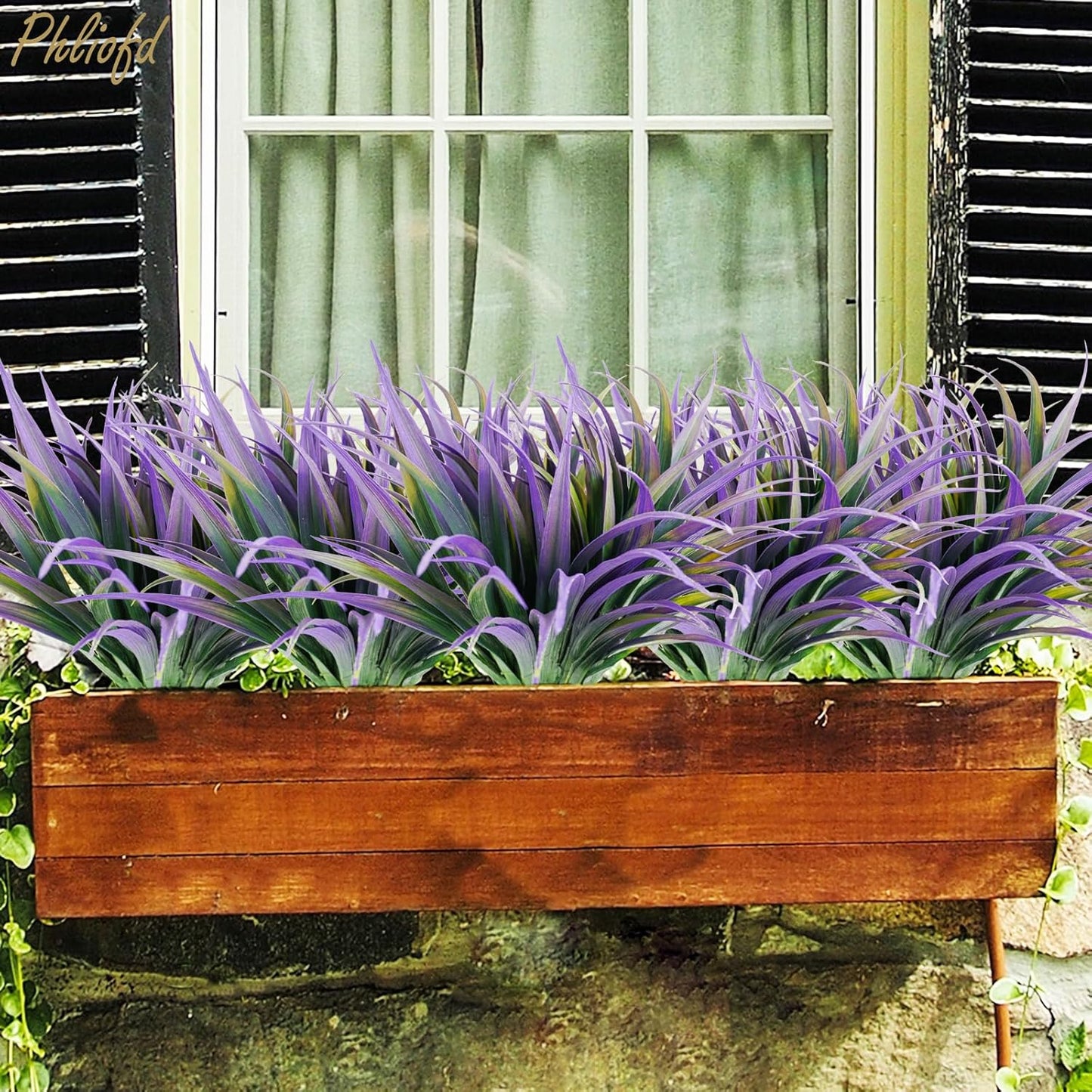 6Pcs Artificial Grass Fake Plants 17.3in Outdoor Plants UV Resistant Faux Greenery Stems Fake Grass for Home Window Garden Office Patio Pathway Front Porch Halloween Décor Green & Purple