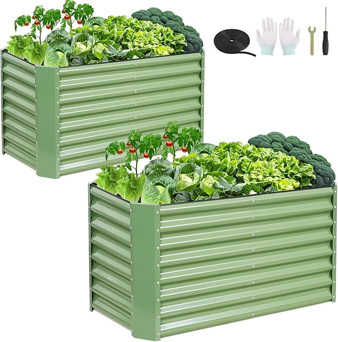 4x2x2ft (2 Pack) Raised Garden Bed - Galvanized Deep Root Planter Boxes Outdoor with Wing Nuts and Safety Edges for Gardening Vegetables, Flowers, Herbs, Succulents - Olive Green