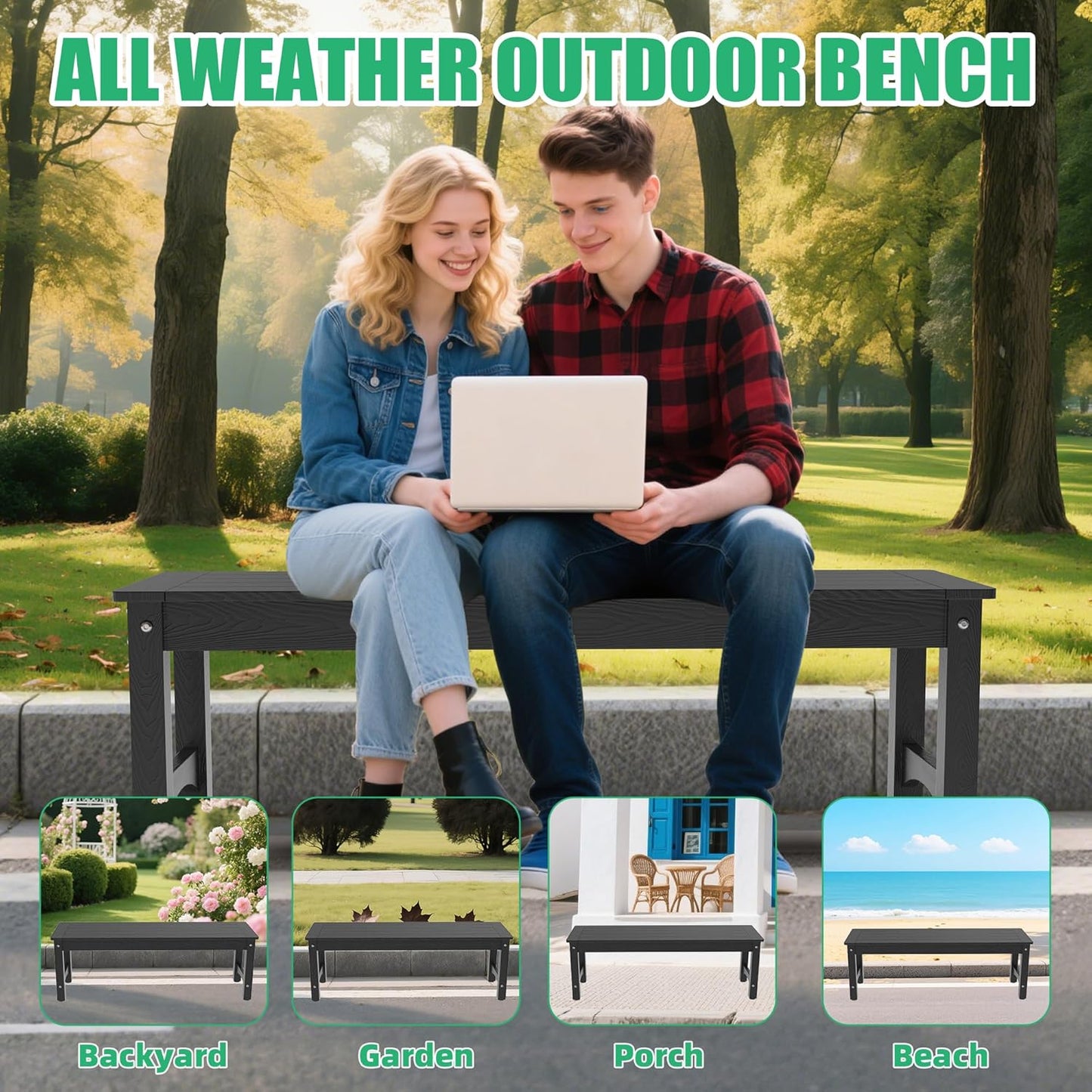 51" HIPS Outdoor Bench Weatherproof,All-Weather 2-Person Patio Dining Bench Holds up to 800LBS,Poly Lumber Garden Bench,Never Rot or Fade, Park Bench with Wood Grains for Porch, Garden, Deck, Entryway