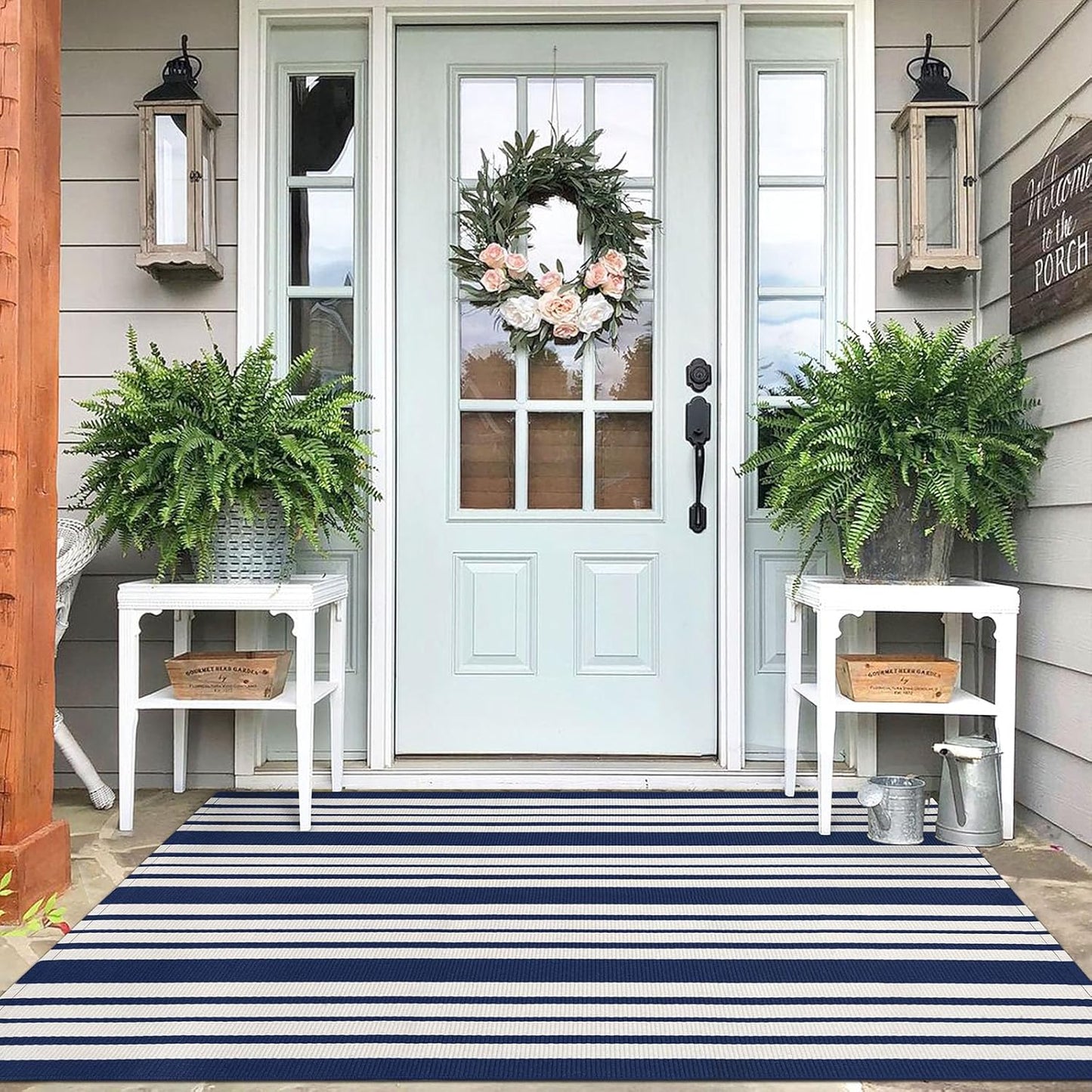 IOHOUZE Navy and White Striped Rug 4'x6' Outdoor Rugs, Washable Area Rug for Double Front Door, Large Patio Rug Outdoor Indoor, Doormat for Entryway Porch Entrance