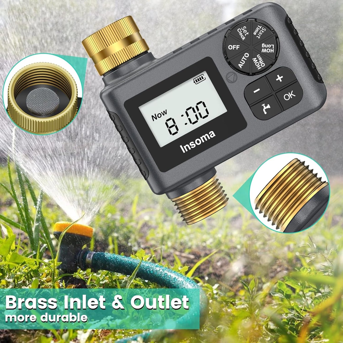 Sprinkler Timer with Brass Inlet and Outlet, Programmable Water Timer for Outdoor Garden Hose, Hose Timers with Rain Delay/Manual/Auto Mode, Drip Irrigation and Lawn Watering System, 1 Outlet