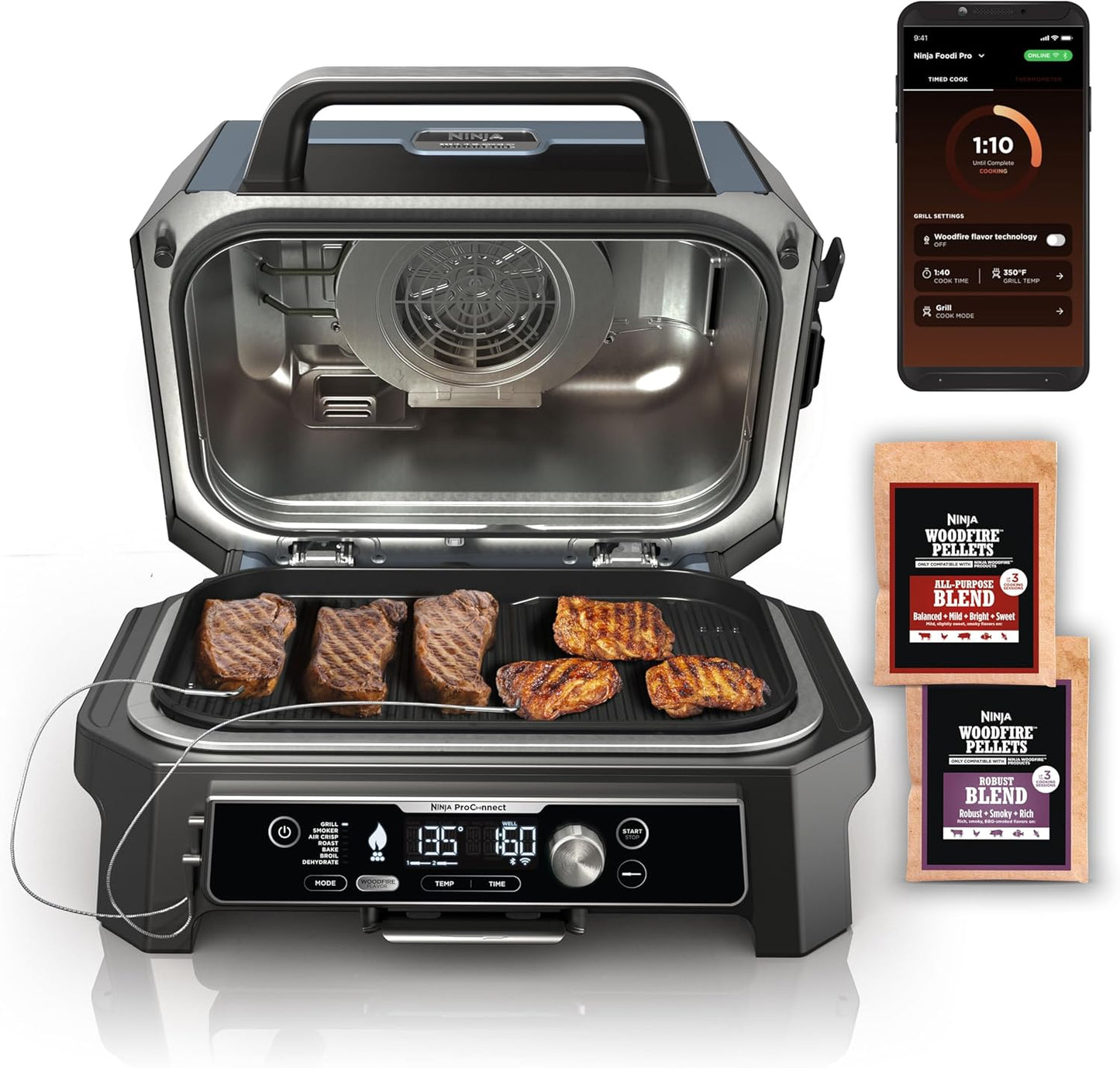 Ninja OG951 Woodfire Pro Connect Premium XL Outdoor Grill & Smoker, Bluetooth, App Enabled, 7-in-1 Master Grill, BBQ Smoker, Outdoor Air Fryer, Woodfire Technology, 2 Built-In Thermometers, Black
