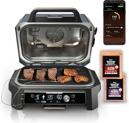 Ninja OG951 Woodfire Pro Connect Premium XL Outdoor Grill & Smoker, Bluetooth, App Enabled, 7-in-1 Master Grill, BBQ Smoker, Outdoor Air Fryer, Woodfire Technology, 2 Built-In Thermometers, Black