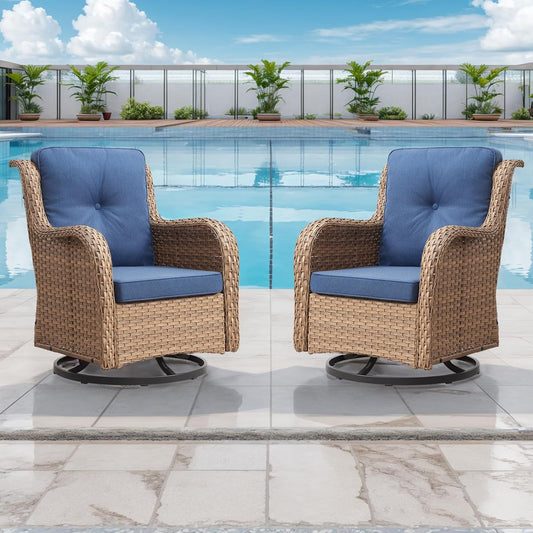 Outdoor Patio Swivel Rocker Chairs - Wicker Rattan Patio Swivel Rocking Chairs Set of 2 with High Back,Deep Seating and Comfort Cushions for Deck Porch Garden,Yellow/Blue