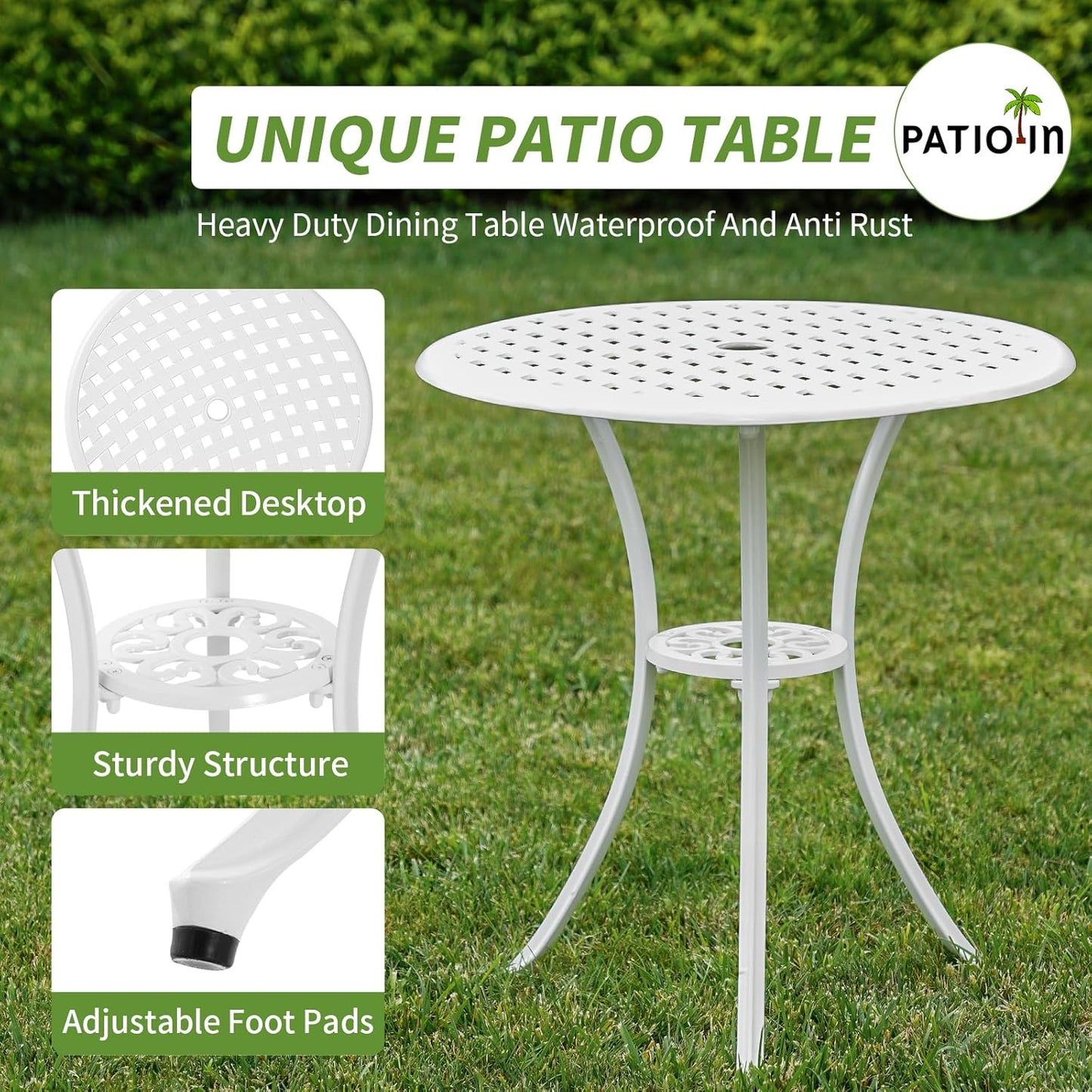 Bistro Set 3 Piece Outdoor Patio Bistro Set with Umbrella Hole, Rust Resistant White Bistro Table and Chairs Set of 2 Cast Aluminum Furniture for Porch Garden White