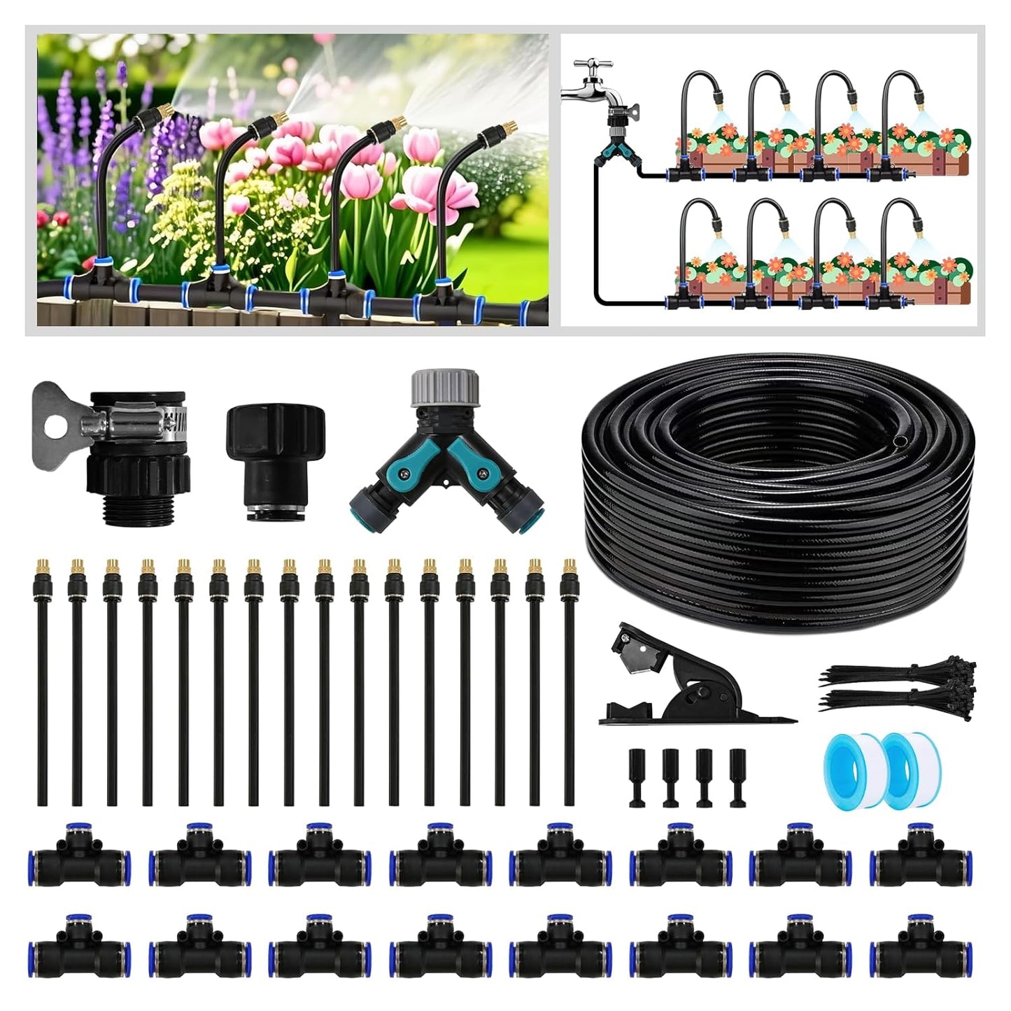 Drip Irrigation Kit - 100 FT. Hose Sprinkler System with 360° nozzles and T-connectors for Gardens, lawns, Plants, Flower beds, Trees, patios and hydroponics (Closeable nozzle-16)