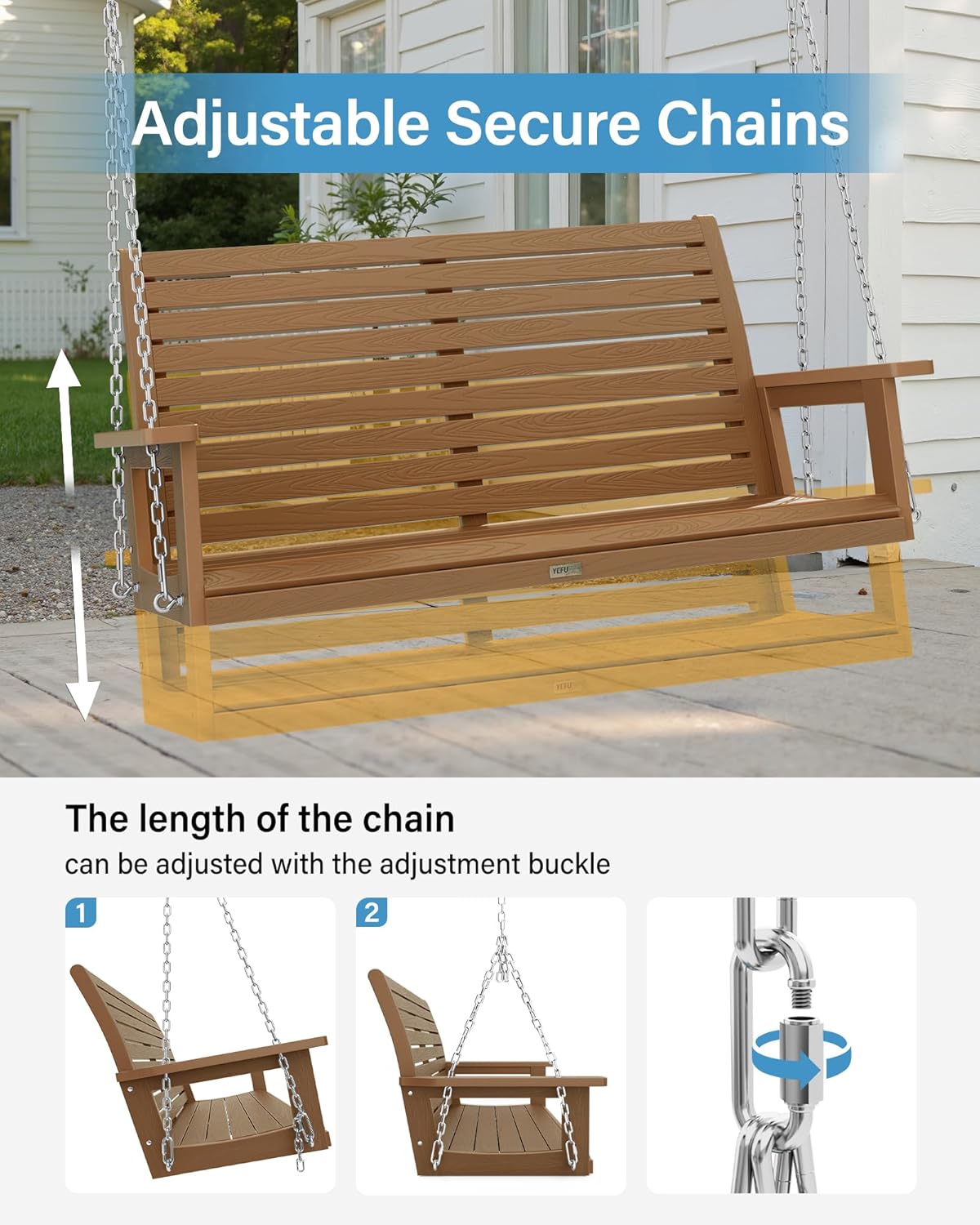 YEFU Hanging Porch Swing Outdoor,2-Seat Patio Swing Bench,All-Weather Swing Chair with Hanging Chains,Look Like Real Wood,for Garden and Courtyard,660LBS Weight Capacity,4FT,Teak