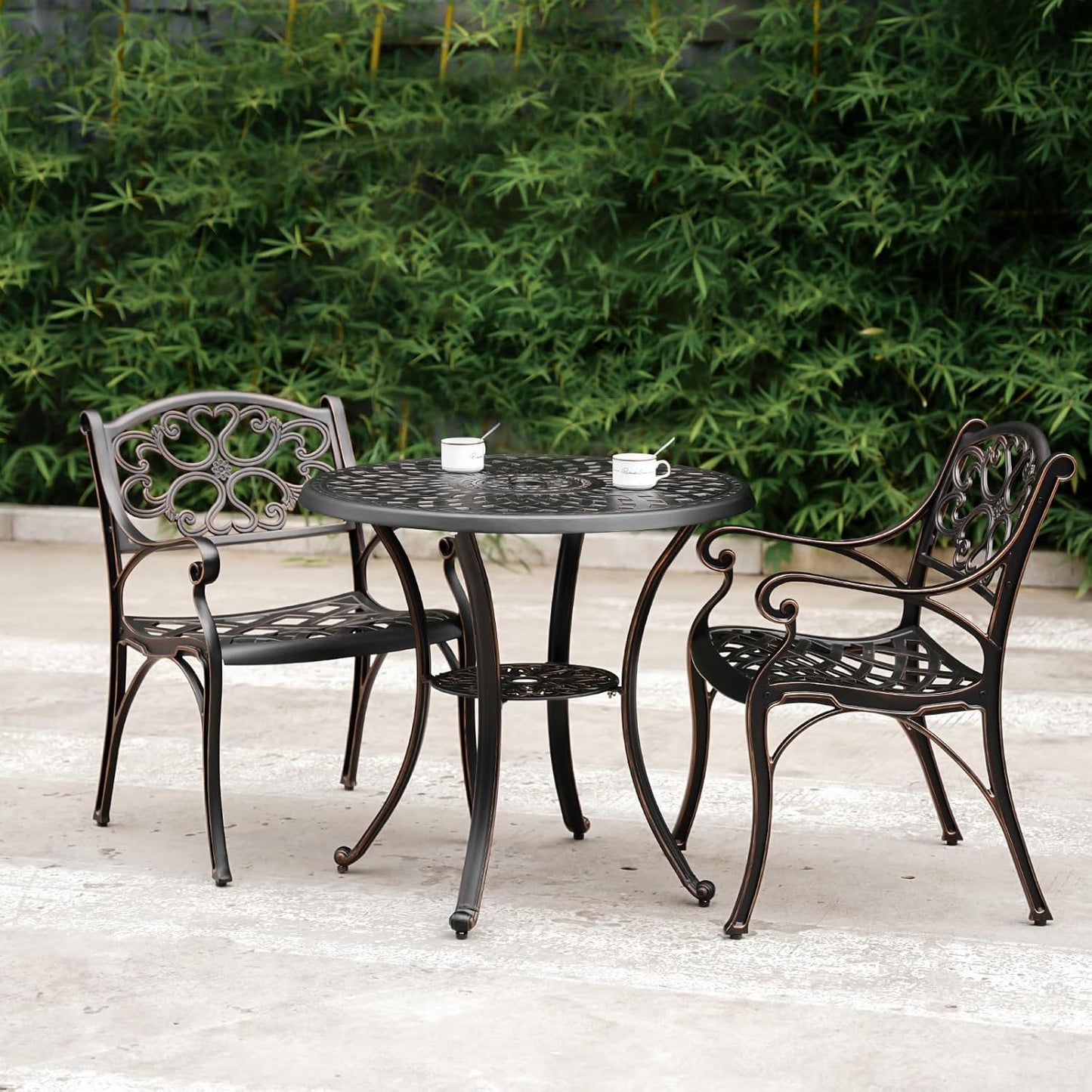 Bistro Set 3 Piece Outdoor Cast Aluminum Patio Bistro Set Patio Set Metal Bistro Table and Chairs Set of 2 with Umbrella Hole for Deck, Gardens, Bronze (Flower Backrest)