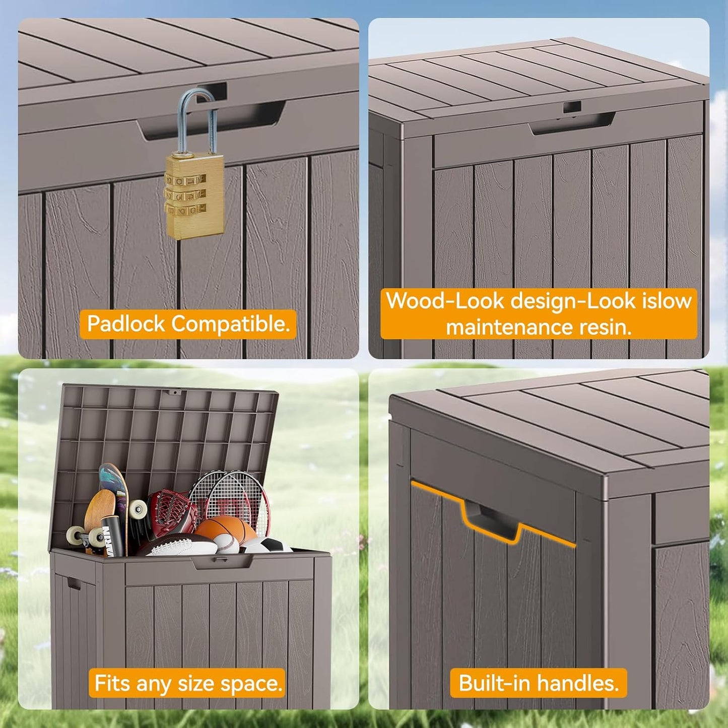 Outdoor Storage Box, 32 Gallon Deck Box Indoor Outdoor Storage Bin,Waterproof Resin Patio Storage Box for Garden Tools,Package Delivery,Pool Accessories,Sports Equipment,Patio Furniture,Lockable