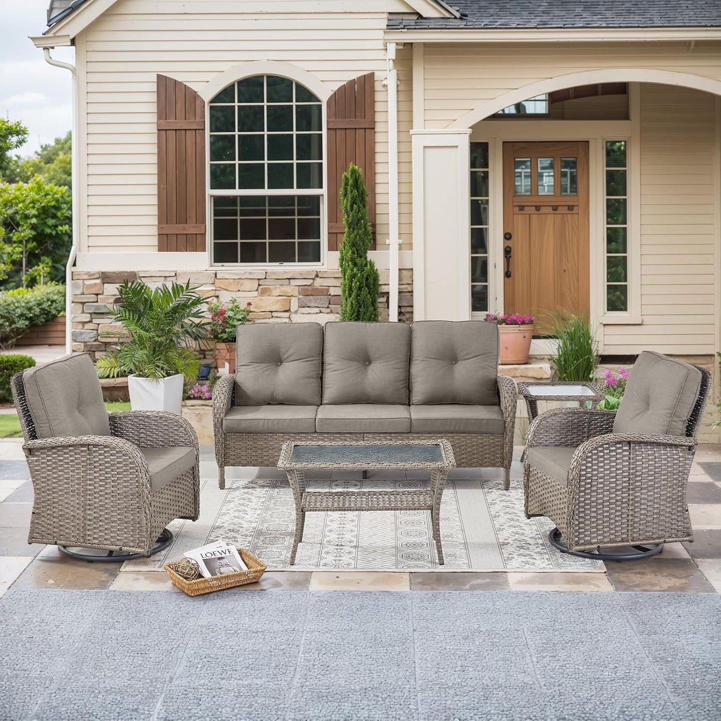 HUMMUH Wicker Patio Furniture Set-All Weather Rattan Patio Sofa Set with Swivel Rocker Chairs Outdoor Conversation Set for Deck Lawn Porch Balcony Poolside-Grey/Grey