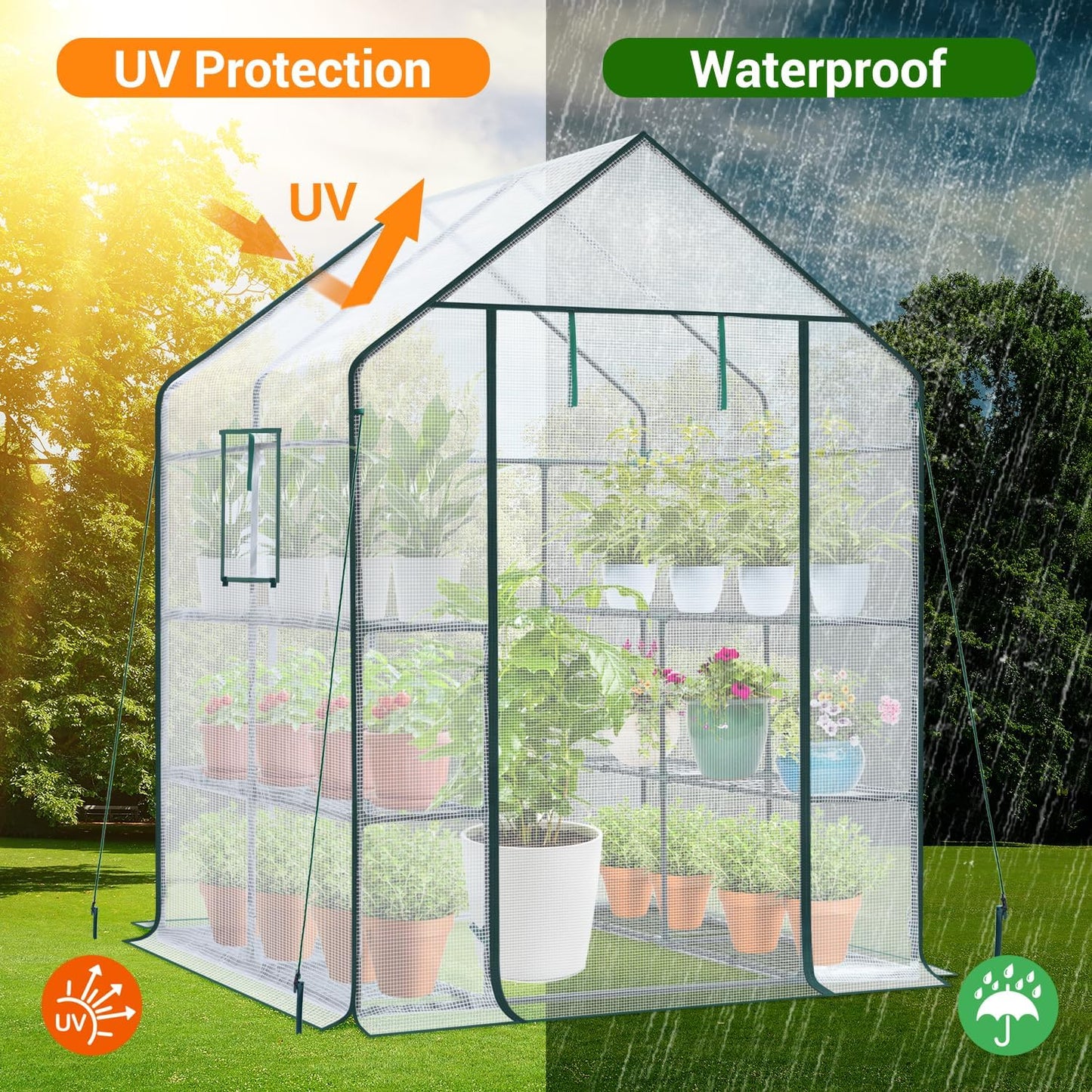 Ohuhu Greenhouse for Outdoors: 3 Tiers 12 Shelves Walk-in Indoor Green House Heavy Duty Plant Stands Reinforced Plastic PE Cover Mini Portable Warm House for Outside, 4.8x2.5x6.4 FT