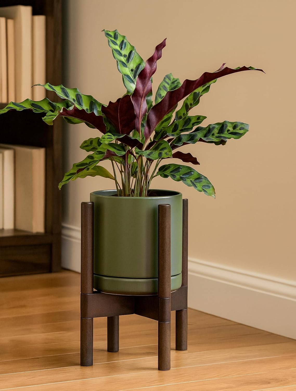 D'vine Dev Ceramic Planter with Walnut Color Stand - 8 Inch Modern Round Flower Pot with Wood Planter Holder, Olive, 55-B-Y-J