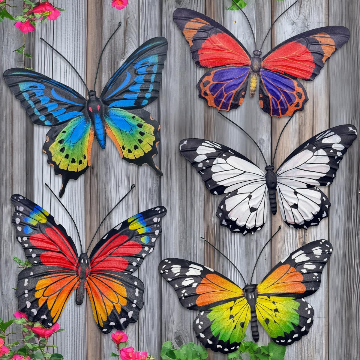 EOORAU Metal Butterfly Wall Art Outdoor Decor - 5 Pack Metal Butterflies Wall Sculpture Hanging Decor for Home Yard Patio Garden Decoration, Gifts for Mom Friends