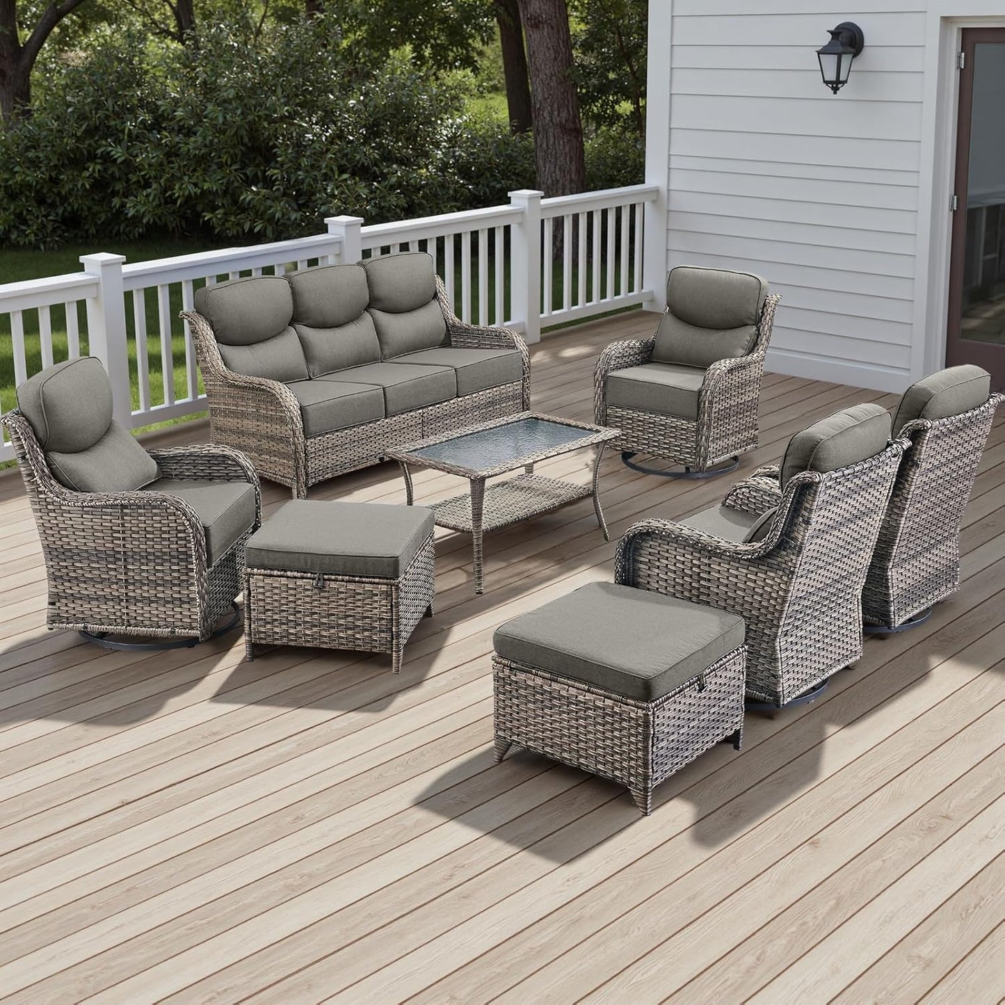 Wicker Outdoor Patio Furniture Set - 8 Piece Patio Conversation Sets with Swivel Rocker Chairs, Ottomans, Sofa and Table, 6 inch Cushions, Deep Seating, for Porch Deck Mixed Grey/Grey