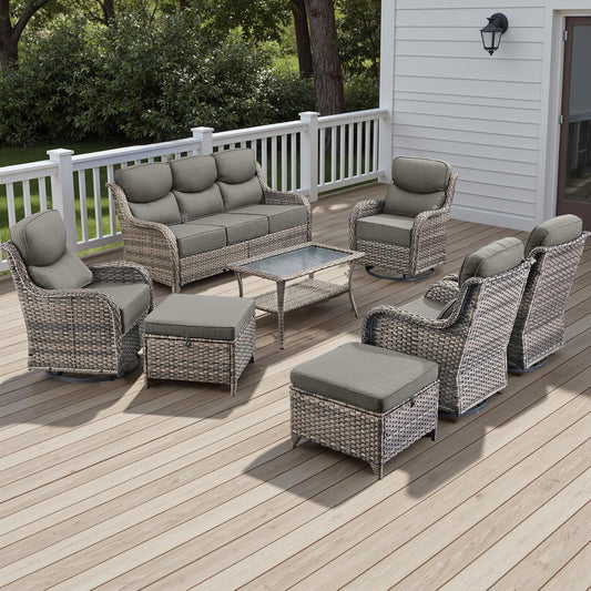 Wicker Outdoor Patio Furniture Set - 8 Piece Patio Conversation Sets with Swivel Rocker Chairs, Ottomans, Sofa and Table, 6 inch Cushions, Deep Seating, for Porch Deck Mixed Grey/Grey