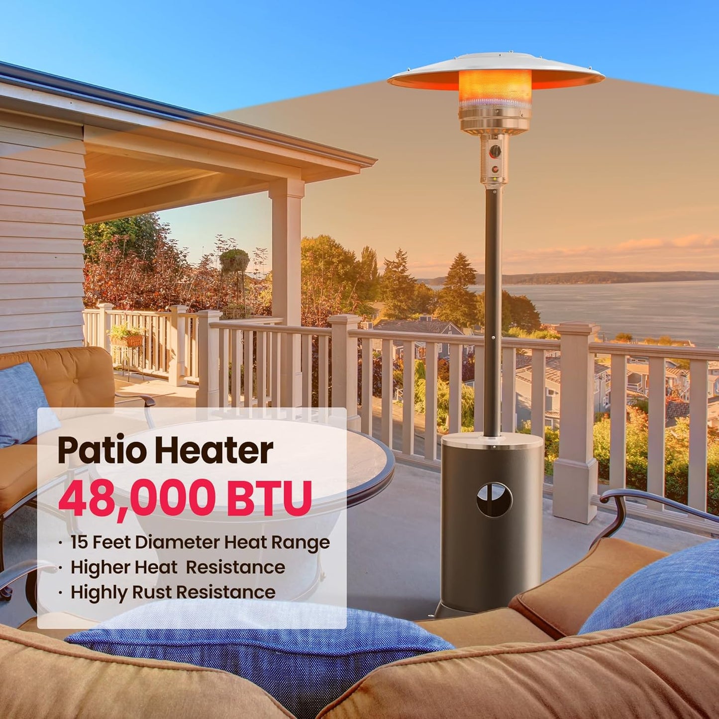 PAMAPIC 48000 BTU Patio Heater with high-strength waterproof cover, Propane Heater for Outdoor Use 2 in 1 Table Design, Double-Layer Stainless Steel Burner,Residential, Gray (Black)