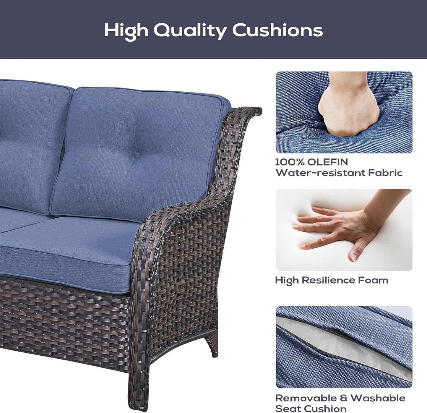 Outdoor Patio Furniture Set with 50000BTU Propane Fire Pit Table, 4 Pieces Wicker Patio Conversation Set with 2 Swivel Rocker Glider Chairs Rattan Sofa Blue Cushion Perfect for Casual Gathering