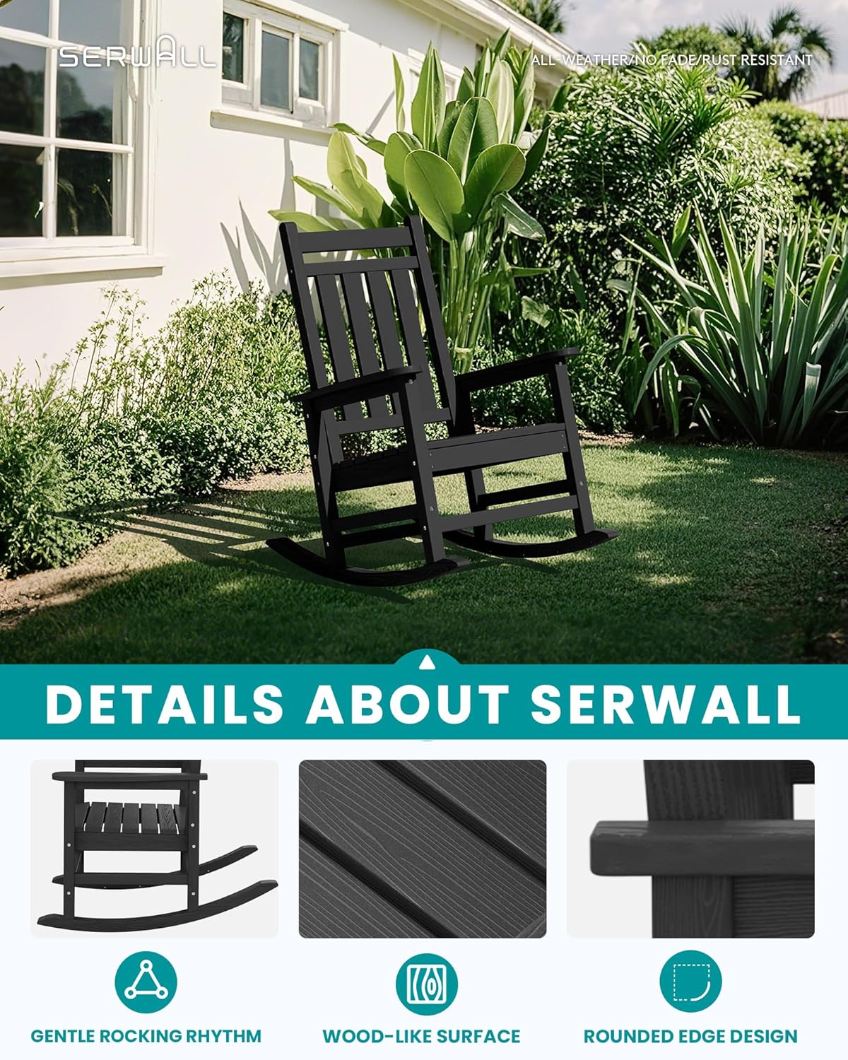 SERWALL HDPE Outdoor Rocking Chair Set of 6, Patio Rocking Chairs for Adults, All Weather Outdoor Rockers for Lawn, Black
