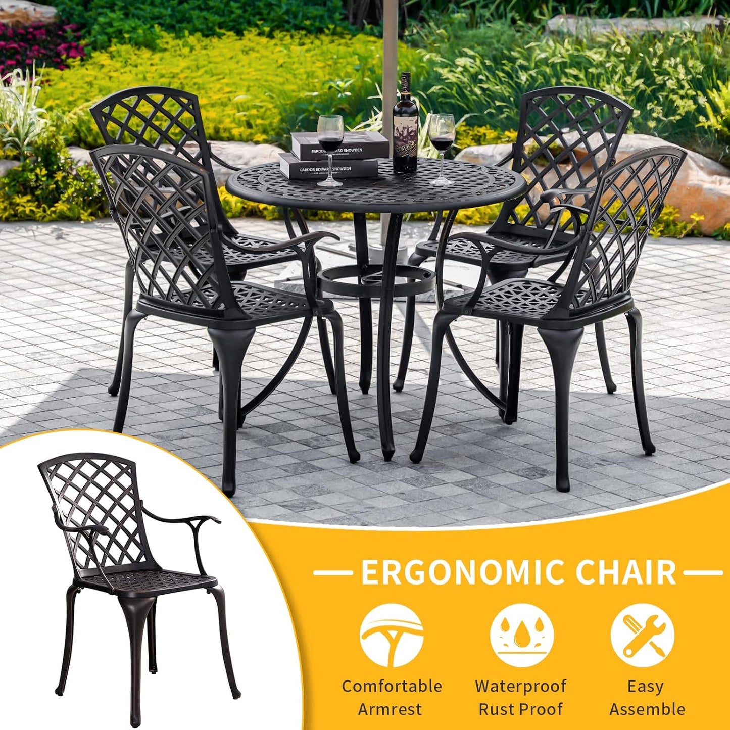 5-Piece Patio Dining Set Outdoor Bistro Set,Anti Rust Cast Aluminum Patio Table and Chair Set of 4 with Umbrella Hole,Suitable for Patio Garden Deck(Antique Bronze)