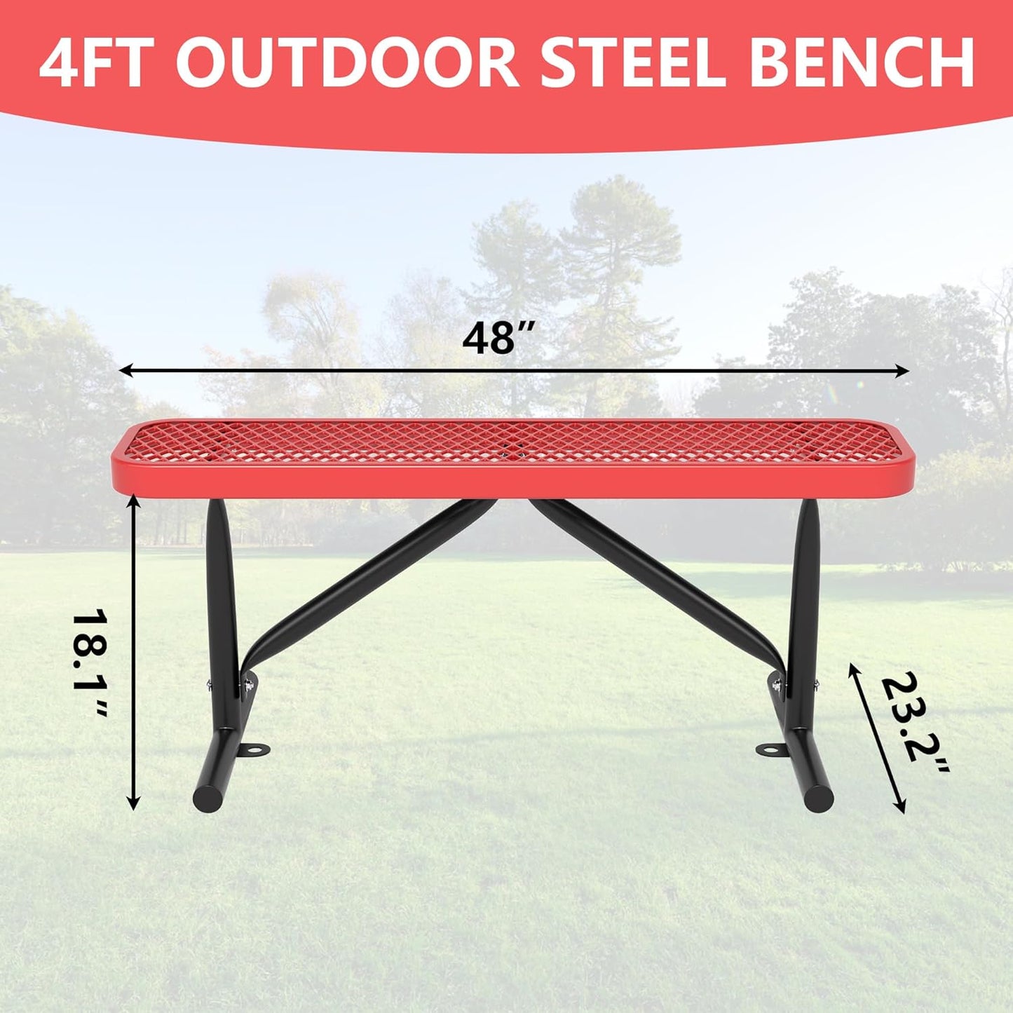 48" L Outdoor Steel Flat Bench, Heavy Duty Metal Park Bench for Outside, Expanded Metal, Commercial Benches Mesh Bench for Shopping Mall, Store, Lawn, Park, Patio, Deck, Garden (Red, 4FT)