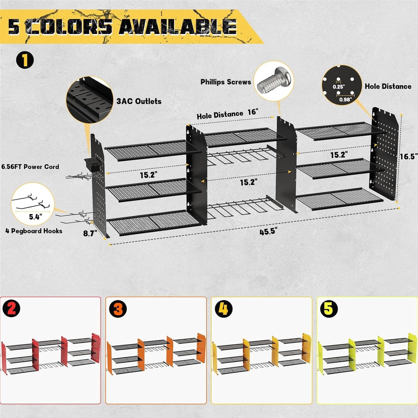 Power Tool Organizer with Charging Station Wall Mount, 3 Layer Expanded Heavy Duty Garage Organization, 45.5 Inch Length Garage Tool Storage, 8 Drills, 2 Assemble Method, Black