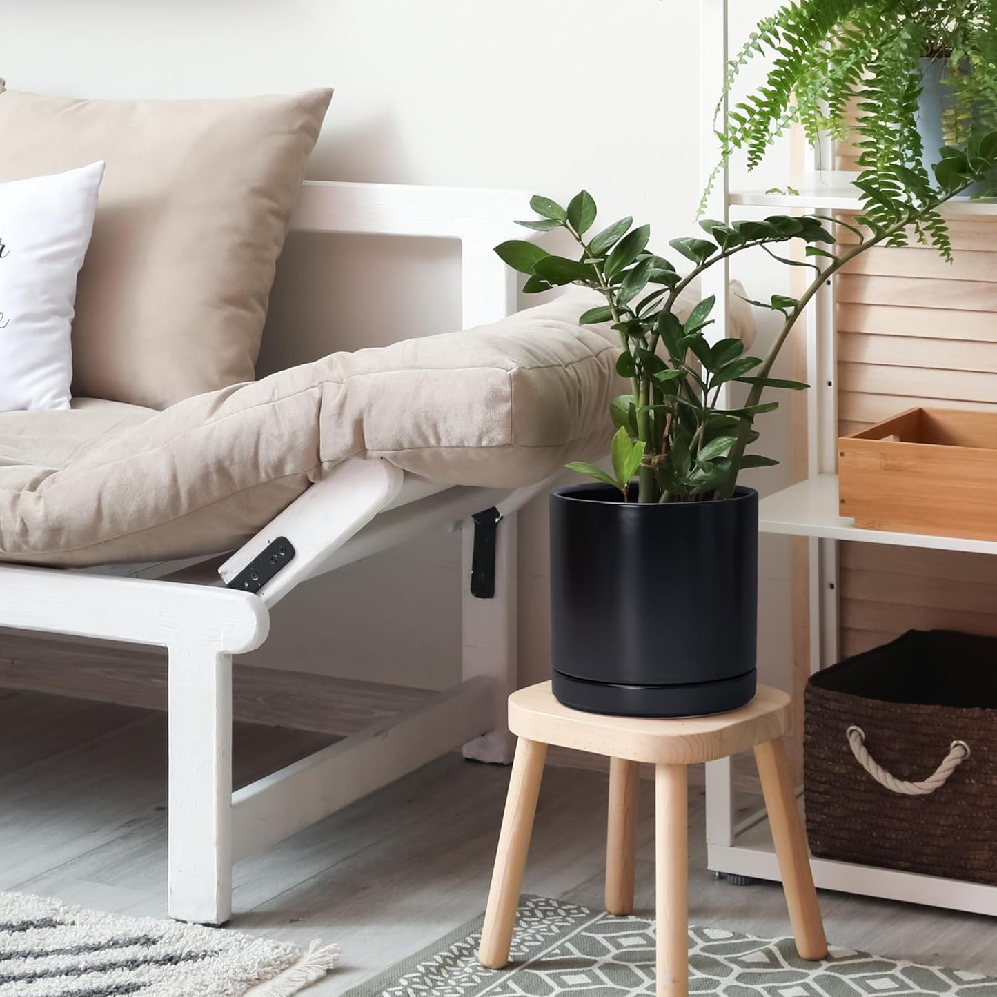 D'vine Dev 6.5 Inch & 8.2 Inch Ceramic Planter Pots for Plants with Drainage Hole and Saucer, Medium Plant Pots Set, Black, 94-G-M-2