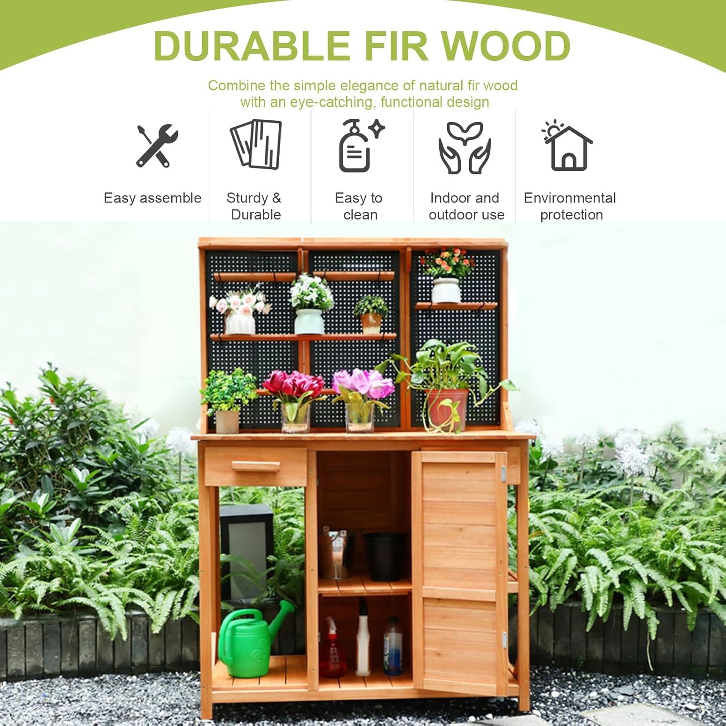 Outdoor Garden Potting Bench, Horticultural Wooden Workstation Table with Storage Drawer, Cabinet, Metal Pegboard, Adjustable Hooks and Shelves for Backyard, Patio, Greenhouse