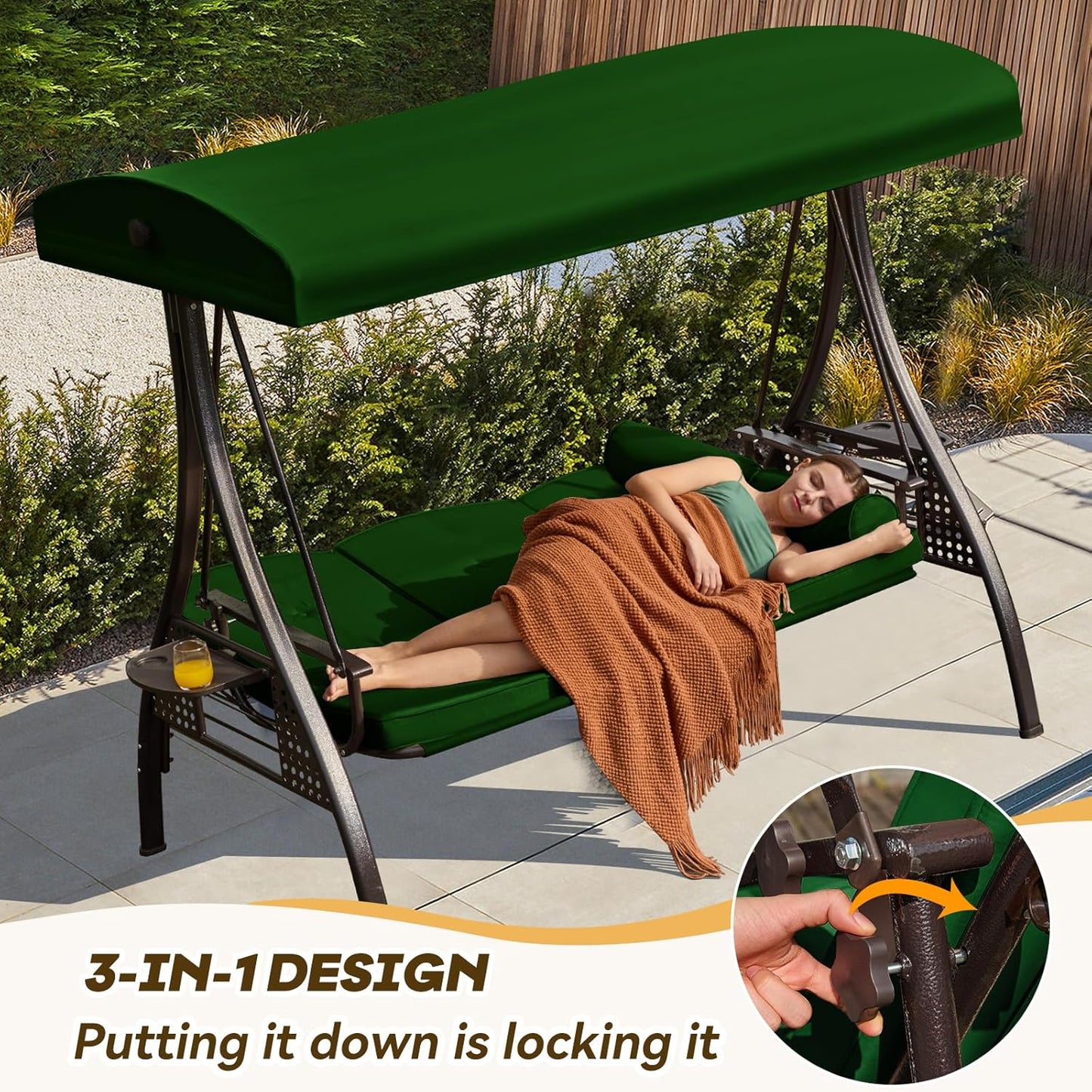 3 in 1 Outdoor Porch Swing with Adjustable Canopy, 3 Seat Outdoor Swing for Adults, Patio Swing Chair with Thickened Cushions,Pillows & Cup Holders for Backyard, Porch, Garden (Green)